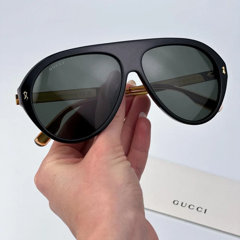 Gucci Men BRAND NEW Sunglasses Black Gold Havana Grey Aviator GG1515S 001